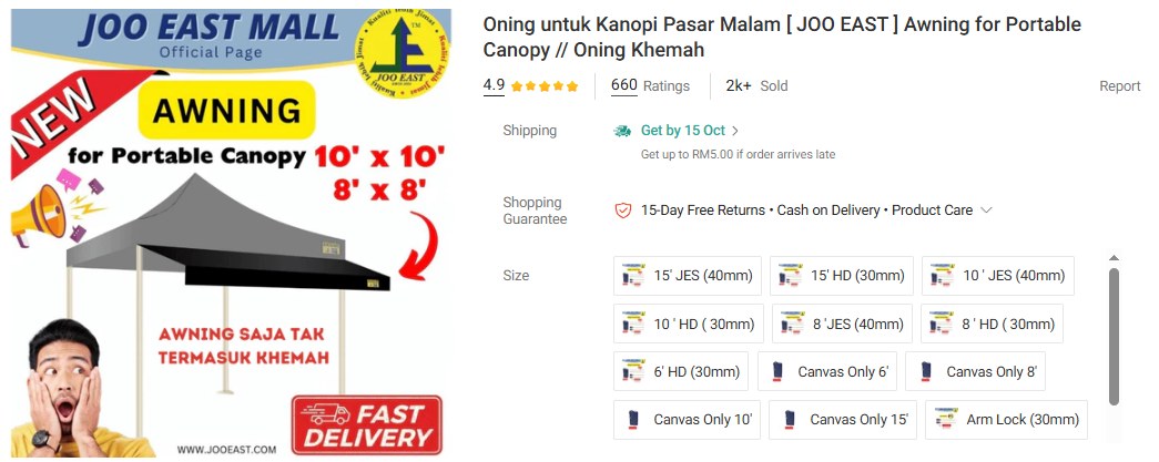 Tangkapan skrin Shopee Joo East Mall: Awning Kanopi, 4.9 bintang, 660 penilaian, 2k+ terjual